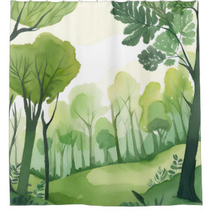 Green Forest Airy Watercolor Landscape Shower Curtain