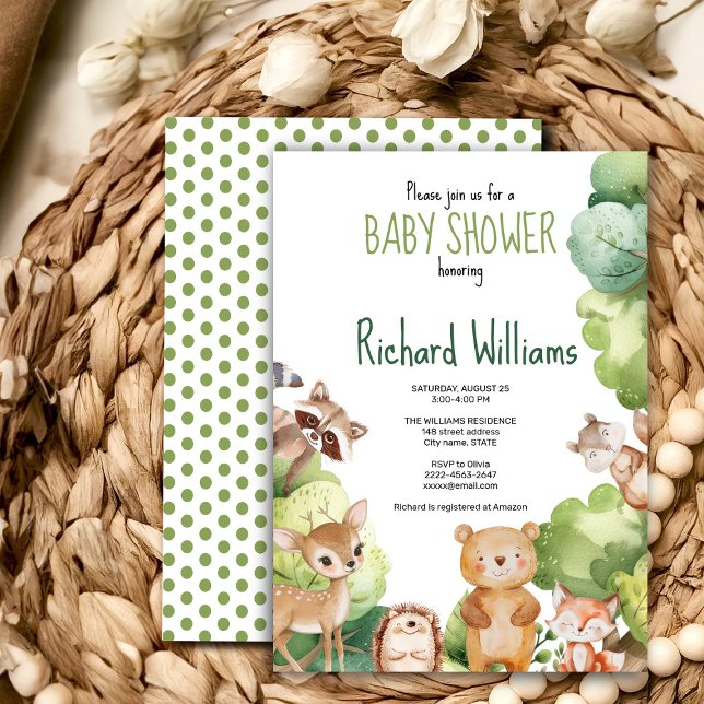 Green forest animal baby shower invitation  (Cute watercolor forest animals baby shower invitation gender neutral, woodland green, bear, deer)