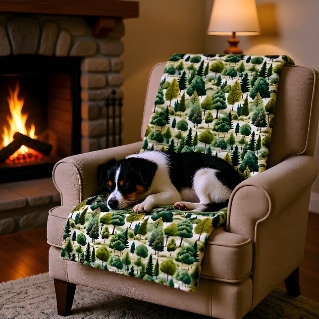 Green Forest Botanical Print Illustration Fleece Blanket (Creator Uploaded)