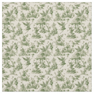 Green Forest fairies Toile de Jouy Pattern Fabric