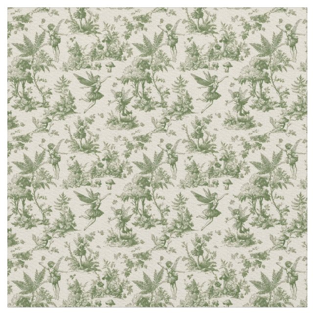 Green Forest fairies Toile de Jouy Pattern Fabric (Close Up)