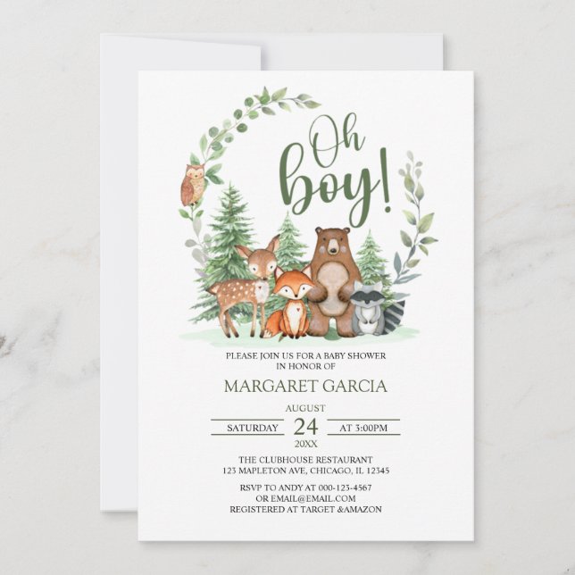 Green Forest Oh Boy Woodland Animals Baby Shower Invitation (Front)