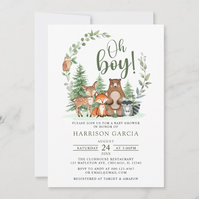 Green Forest Oh Boy Woodland Animals Baby Shower Invitation (Front)