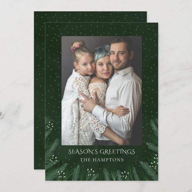 Green Forest Pine Branches Photo Holiday Card (Front/Back)
