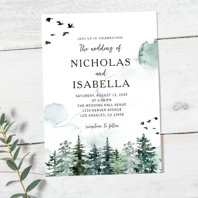 Green Forest Pine Tree Watercolor Rustic Wedding Invitation (Creator Uploaded)