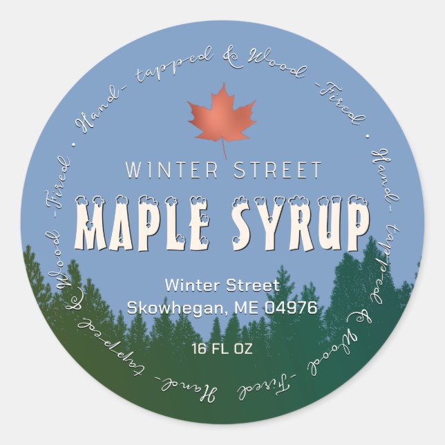 Green Forest Red Leaf Wood Fired Maple Syrup Classic Round Sticker (Front)