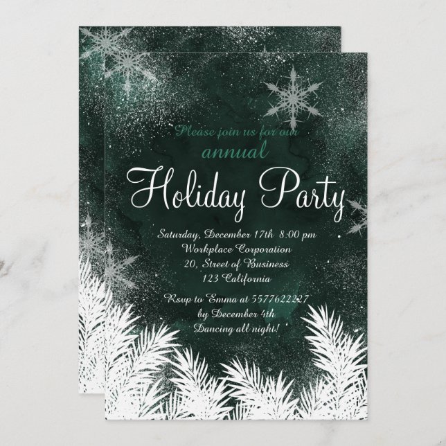 Green forest snowflake winter corporate holiday invitation (Front/Back)