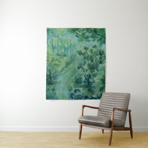 Green Forest Watercolor Wall Tapestry