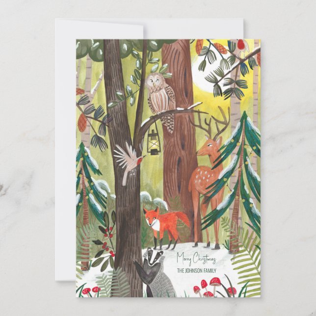 Green forest with woodland animals Christmas photo Holiday Card (Front)