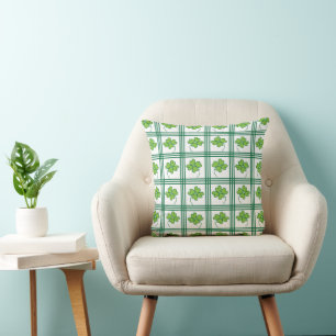 Green Four Leaf Clover Chequered Pattern Cushion