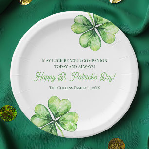 Green Four Leaf Clover Luck Happy St Patricks Day Paper Plate