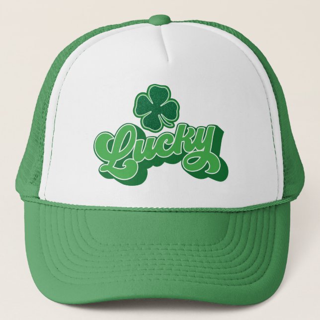 Green Four Leaf Clover Lucky Trucker Hat (Front)