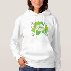 Green Four Leaf Clover with White Floral Bloom Hoodie