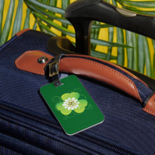 Green Four Leaf Clover with White Floral Bloom Luggage Tag