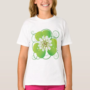 Green Four Leaf Clover with White Floral Bloom T-Shirt
