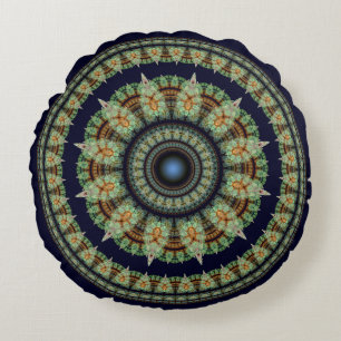 Green fractal fairy mandala round cushion