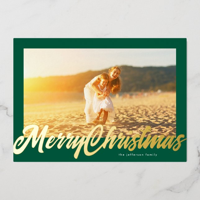Green Frame & Gold Merry Christmas Photo (Front)
