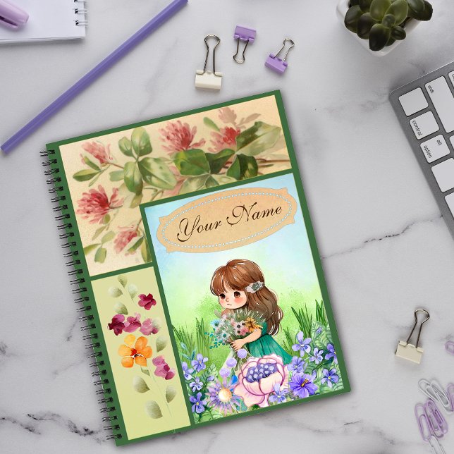 Green Framed Spring Scenery Cute Flowery Girl Notebook (Creator Uploaded)