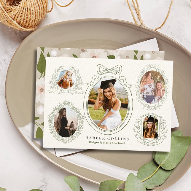Green Frames & Botanical Accents Cream Graduation Invitation (Creator Uploaded)