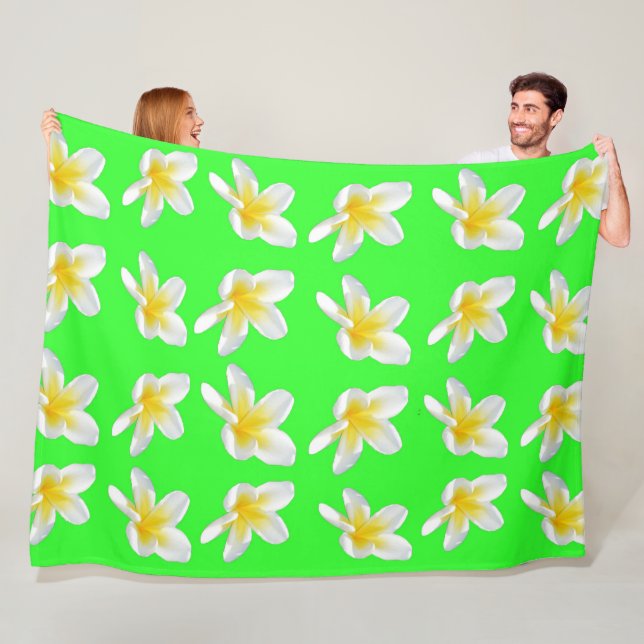 Green Frangipani Delight, Large Fleece Blanket. Blanket (In Situ)