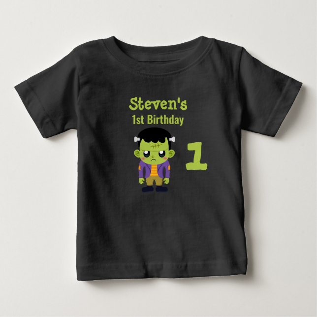 Green Frankenstein Monster Halloween 1st Birthday Baby T-Shirt (Front)