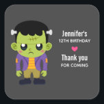 Green Frankenstein Monster Halloween Birthday Square Sticker<br><div class="desc">Birthday thank you stickers with a fun Halloween image featuring a green Frankenstein monster.</div>