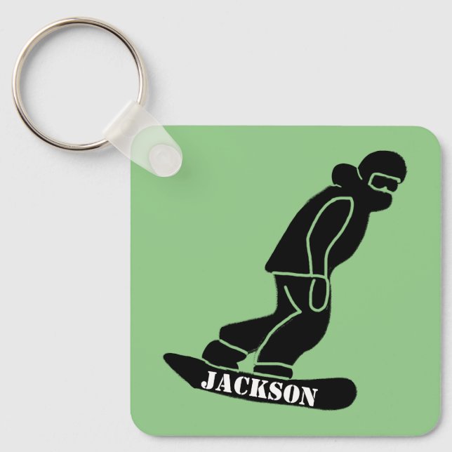Green Freeride Snowboarder Snowboarding Stencil Key Ring (Front)