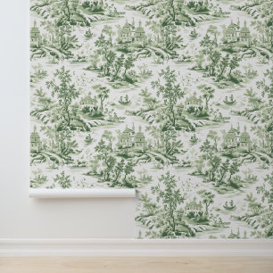 Green French Style Toile De Jouy  Wallpaper