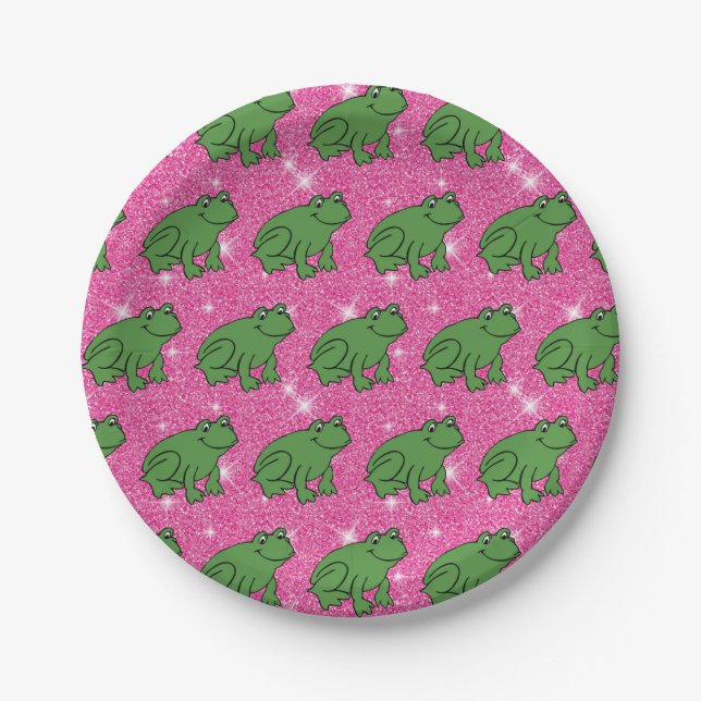 Green Frog Amphibian Animals Pink Glitter Fantasy Paper Plate (Front)