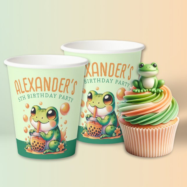 Green Frog and Orange Boba Bubble Tea Party Paper Cups (Creator Uploaded)