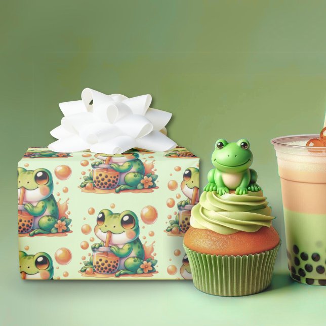 Green Frog and Orange Boba Bubble Tea Wrapping Paper (Creator Uploaded)