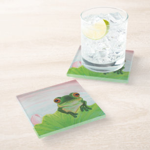 Green Frog behind the lily pad glass coaster