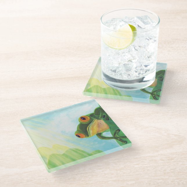 Green Frog catching sunrays  Glass Coaster (Angled)