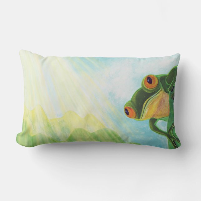 Green Frog catching sunrays  Lumbar Cushion (Front)