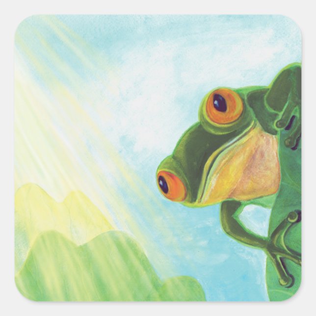 Green Frog catching sunrays  Square Sticker (Front)