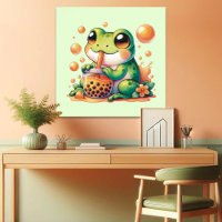 Green Frog Drinking Orange Boba Bubble Tea
