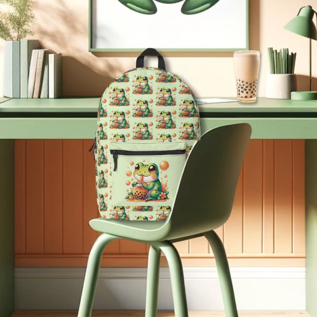Green Frog Drinking Orange Boba Bubble Tea Printed Backpack (Creator Uploaded)