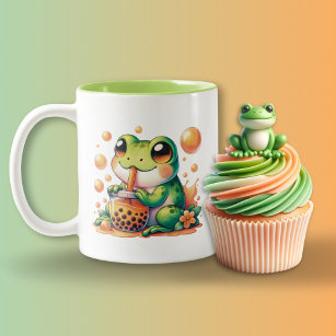 Green Frog Drinking Orange Boba Bubble Tea Two-Tone Coffee Mug
