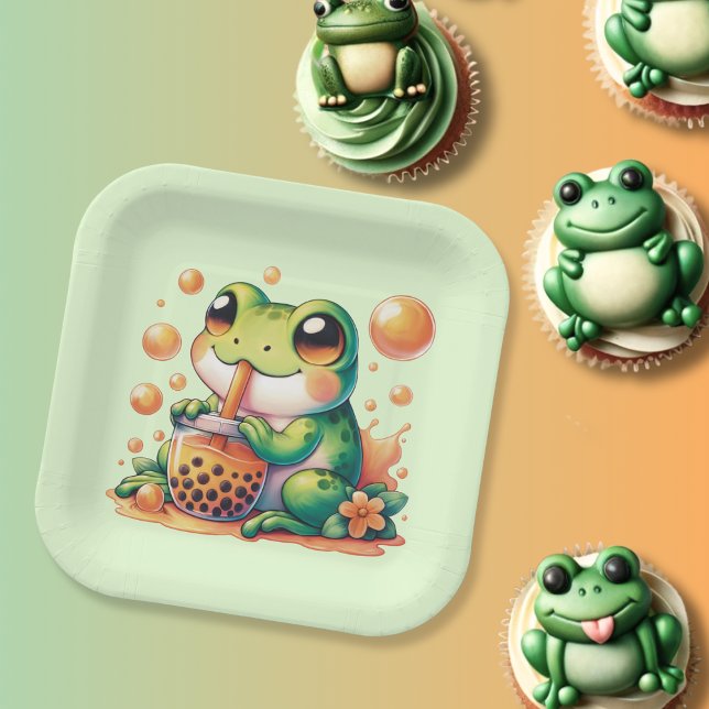 Green Frog Drinking Orange Boba  Paper Plate (Creator Uploaded)