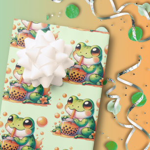 Green Frog Drinking Orange Boba  Wrapping Paper Sheet