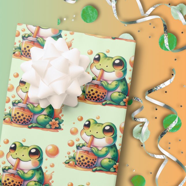 Green Frog Drinking Orange Boba  Wrapping Paper Sheet (Creator Uploaded)