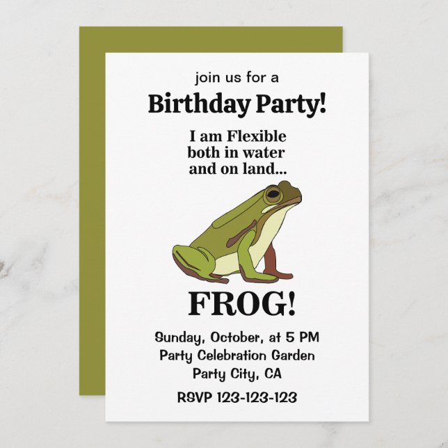 Green Frog Funny Birthday Party Invitation (Front/Back)