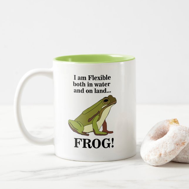 Green Frog Funny Two-Tone Coffee Mug (With Donut)