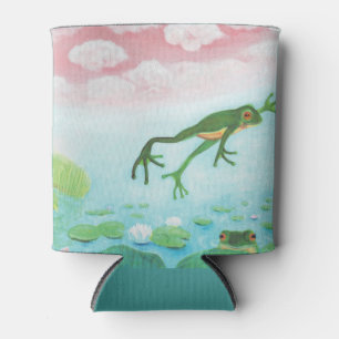 Green Frog Jumps Into The Pond Illustration Can Cooler