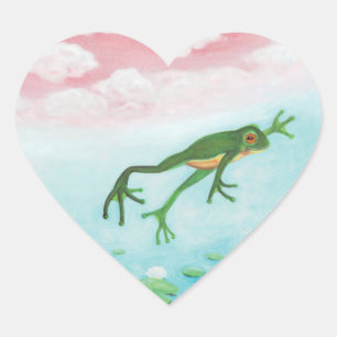 Green Frog Jumps Into The Pond Illustration Heart Sticker