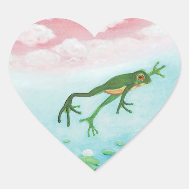 Green Frog Jumps Into The Pond Illustration  Heart Sticker (Front)