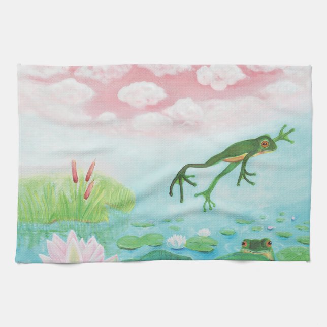 Green Frog Jumps Into The Pond Illustration   Tea Towel (Horizontal)