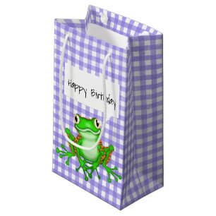 Green Frog on Purple Gingham Small Gift Bag
