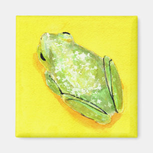Green frog on yellow background watercolour magnet