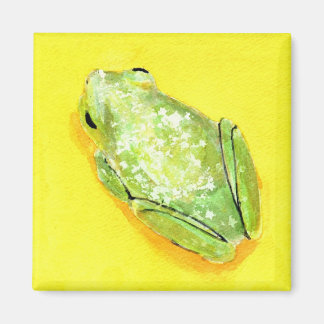Green frog on yellow background watercolour magnet